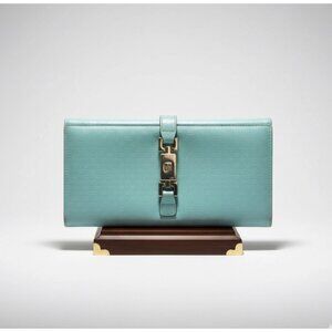 Gucci GG Jackie Vintage Blue Embossed Tri-Fold Leather Wallet Silver-Tone Clasp